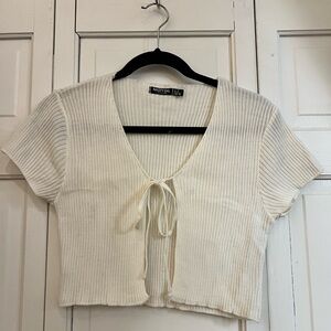 Nasty Gal Cream Ribbed Tie-Front Crop Top